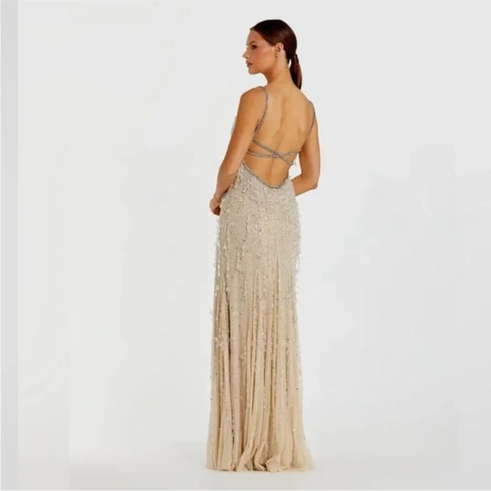 Mac Duggal 10101 Nude Silver V-Neck Column Gown with Fringe Embellishments Sz 0 - Picture 2 of 12